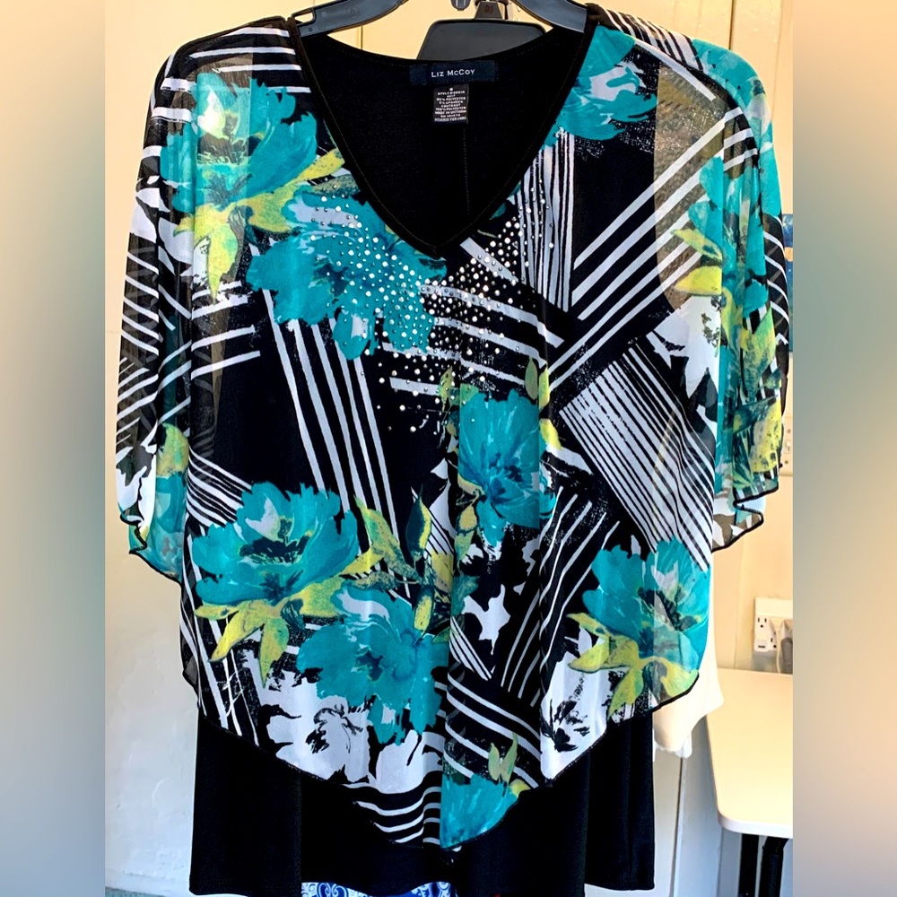 Liz McCoy black sleeveless with sheer floral cover/one piece